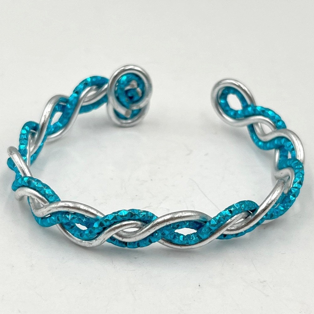 Vintage Handmade Blue‎ Braided Bangle Bracelet Twisted Silver Teal Jewelry Gift